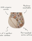The mushie Organic Cotton Muslin Burp Cloth 2-Pack features a floral design, 100% organic cotton, machine washability, pre-washed softness, and comes in two perfect color combos—the ideal baby burp cloths.