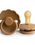 Two cappuccino FRIGG Daisy Natural Rubber Pacifiers (Limited Edition 2-Pack) are shown: one upright and one flat, displaying both nipple and handle with FRIGG branding embossed. Scalloped edges complete the design.
