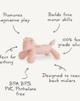 The mushie Unicorn Figurine Teether, made from 100% food-grade silicone, is BPA/BPS/PVC/phthalate-free, designed to reach back molars, and encourages imaginative play & fine motor skills—perfect for teething.