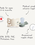 The FRIGG Butterfly Anatomical Silicone Pacifier 2-Pack (0-6 Months) includes two BPA/BPS/PVC/phthalate-free, medical-grade silicone pacifiers with anatomical nipples for comfort. Made in Denmark.