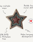The mushie Nesting Stars Toy features stacked star-shaped cups in muted colors, promotes fine motor skills and language development, is BPA, BPS, PVC & phthalate free, and proudly made 100% in Denmark.