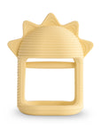 The mushie No-Drop Sun Teether (Sunshine) is a yellow silicone teether with textured sun rays and a rectangular handle, designed for easy gripping—making it the perfect baby teething toy for little hands.