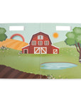 Illustration of a red barn with trees and a pond on a green field