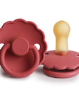 Two scarlet FRIGG Daisy Natural Rubber Pacifiers—one flat to show the latex nipple, one upright displaying the front and handle—Limited Edition 2-Pack.