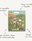 Packaging of stickers with illustrations of animals and nature, featuring text on features.