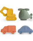 The mushie Vehicles Mold Free Bath Play Set features four colorful silicone bath toys—a yellow excavator, green helicopter, orange truck, and blue car—neatly displayed on a white background.