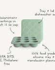 The Mushie Baby Food Freezer Tray is a mint green, BPA-free, 100% food grade silicone tray with nine 1.5 oz round cups and a matching translucent lid. It's dishwasher safe and free from BPS, PVC, and phthalates—ideal for baby food storage.