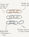Mushie Chain Link Rings: Three interlocking silicone sets in tan, gray, and blue. Perfect as stroller toy links—connects toys, builds fine motor skills, teaches patterns and color matching. BPA, BPS, PVC & phthalate free.
