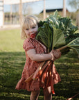 A young girl in a red checkered dress stands on grass, holding rhubarb, her FRIGG Daisy Natural Rubber Pacifier from the FRIGG 2-Pack peeking out as sunlight shines on her and the surroundings.