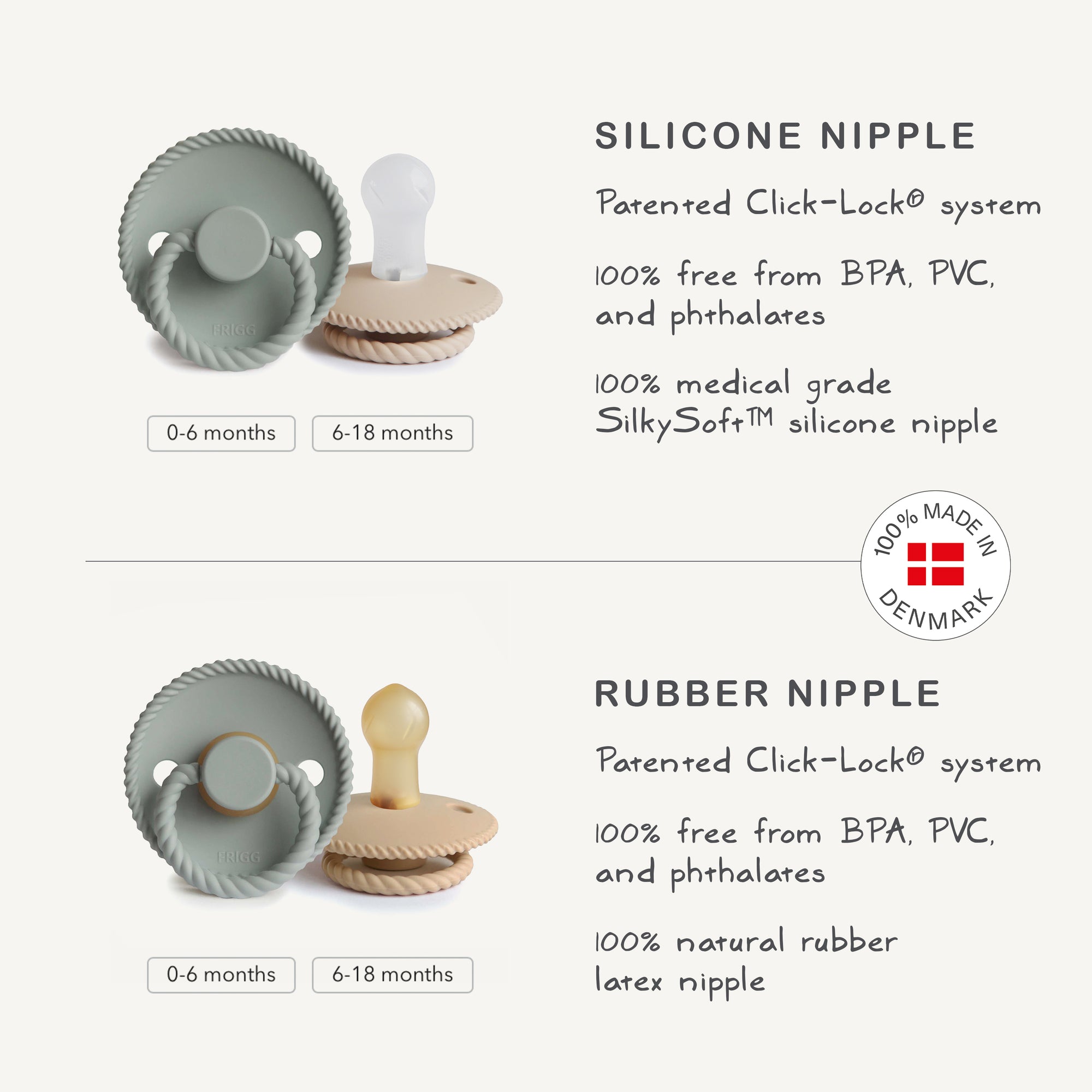 The FRIGG Rope Silicone Pacifier 2-Pack by FRIGG features grey and beige medical grade silicone pacifiers for 0-6 and 6-18 months. Both are BPA, PVC, and phthalate free, ensuring safety for your baby.