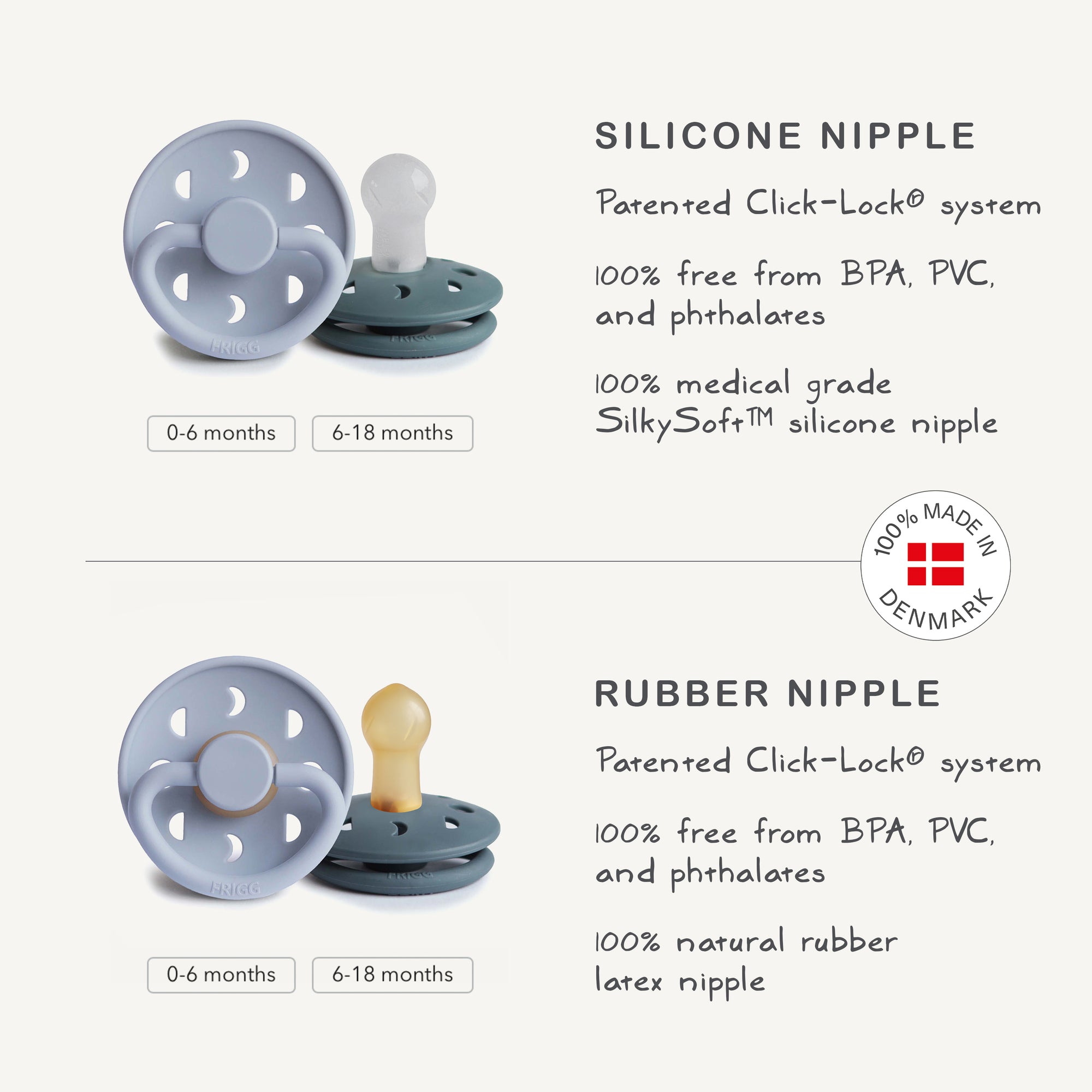 The FRIGG Moon Natural Rubber Pacifier 2-Pack by FRIGG features gray bases and yellow-tipped nipples, is available for ages 0-6 and 6-18 months, and makes an ideal baby essential.