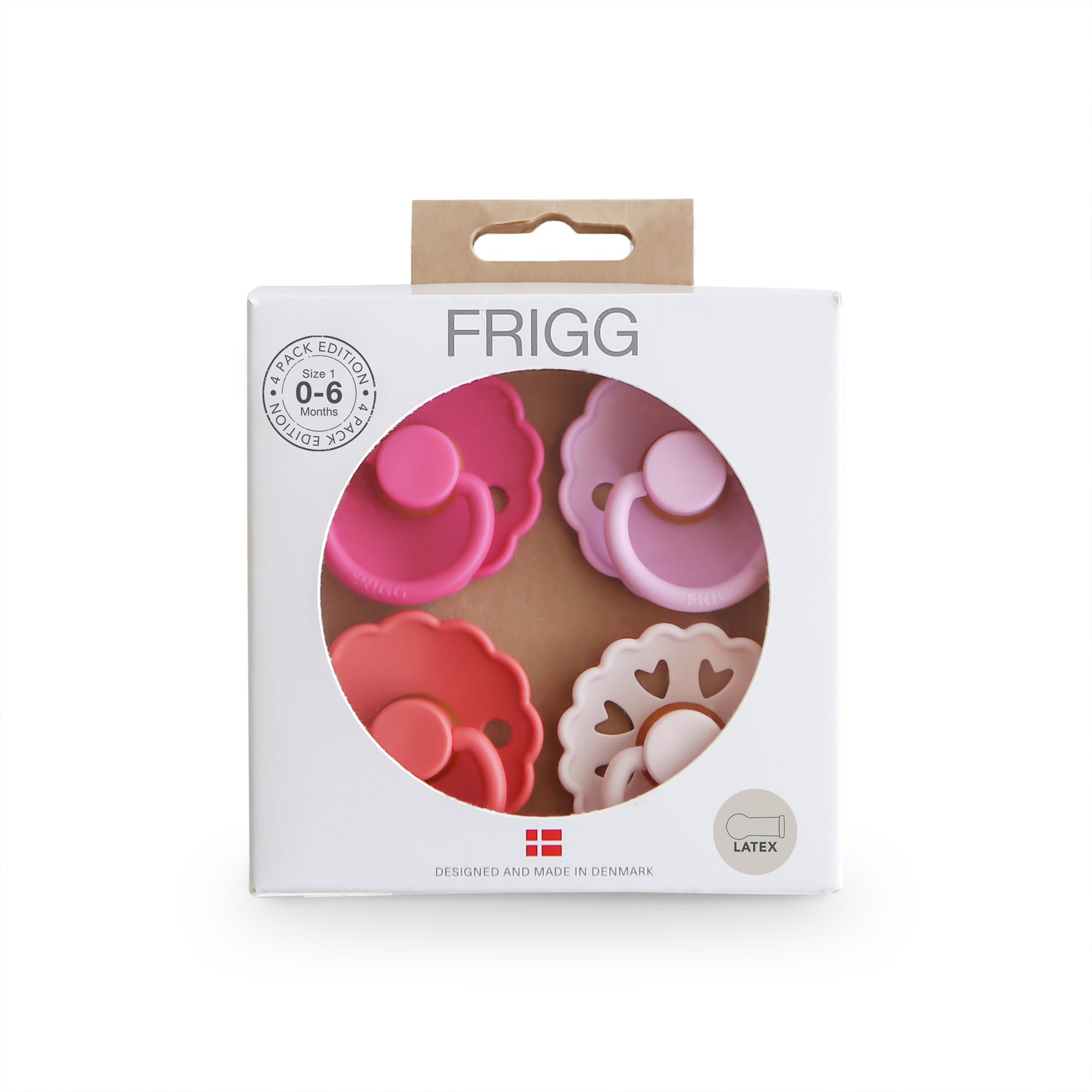 Packaged Frigg 4-pack baby pacifiers on a white background