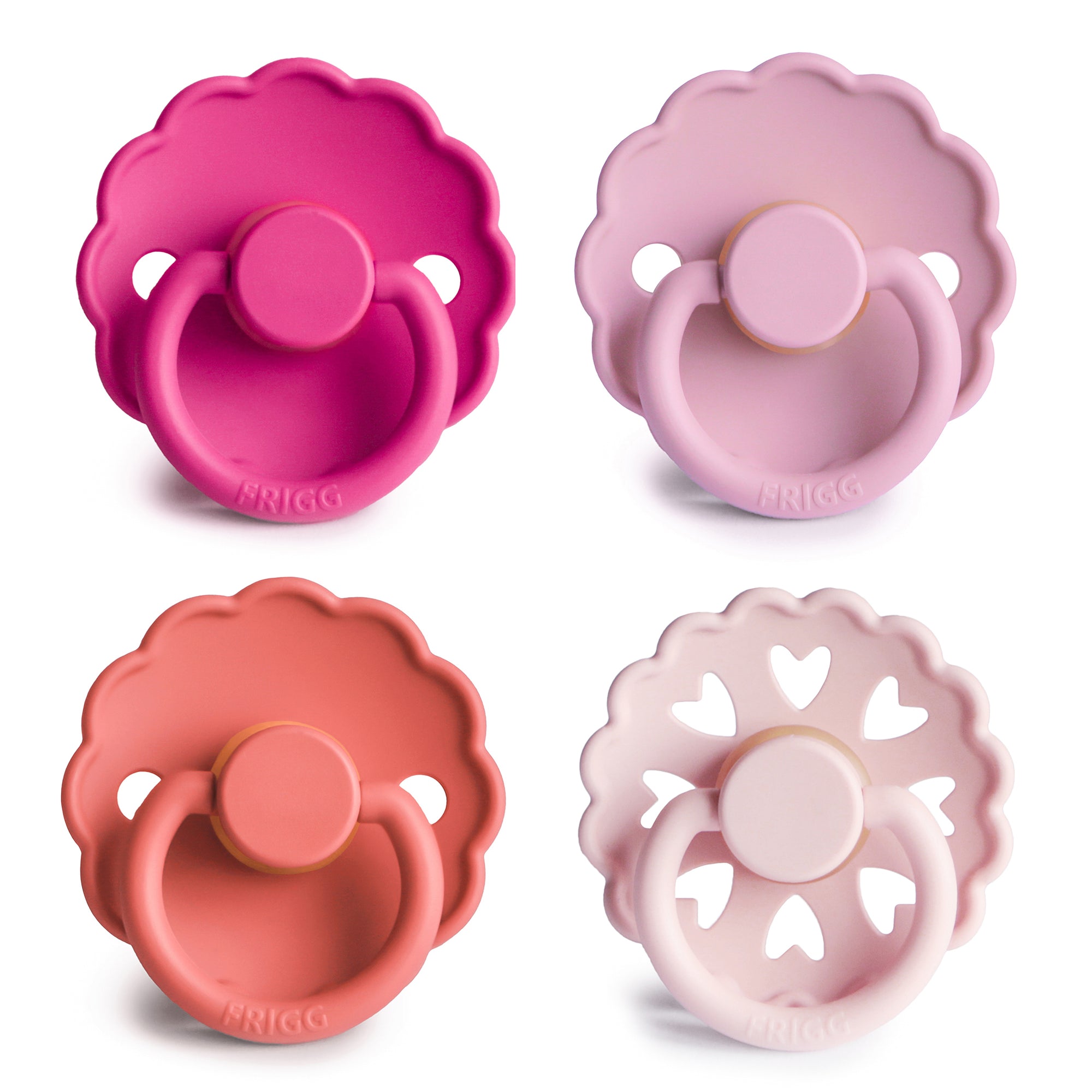 Four colorful baby pacifiers for Rosy Romance Baby Pacifier 4-pack on a white background