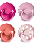 Four colorful baby pacifiers for Rosy Romance Baby Pacifier 4-pack on a white background