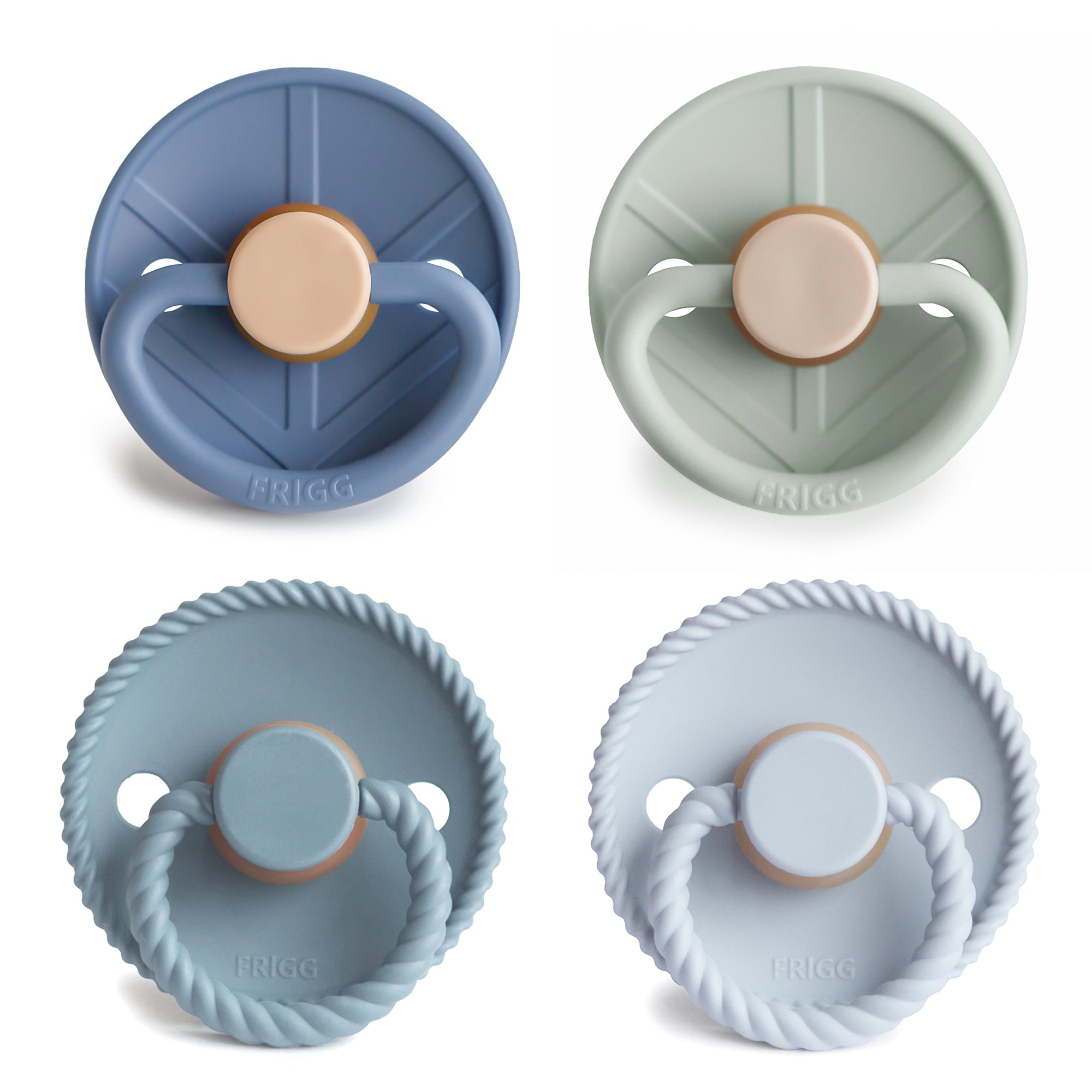 Skyline Serenity baby pacifiers in different colors on a white background