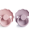 FRIGG Daisy Silicone Pacifier 2-Pack in pink and purple, made in Denmark.