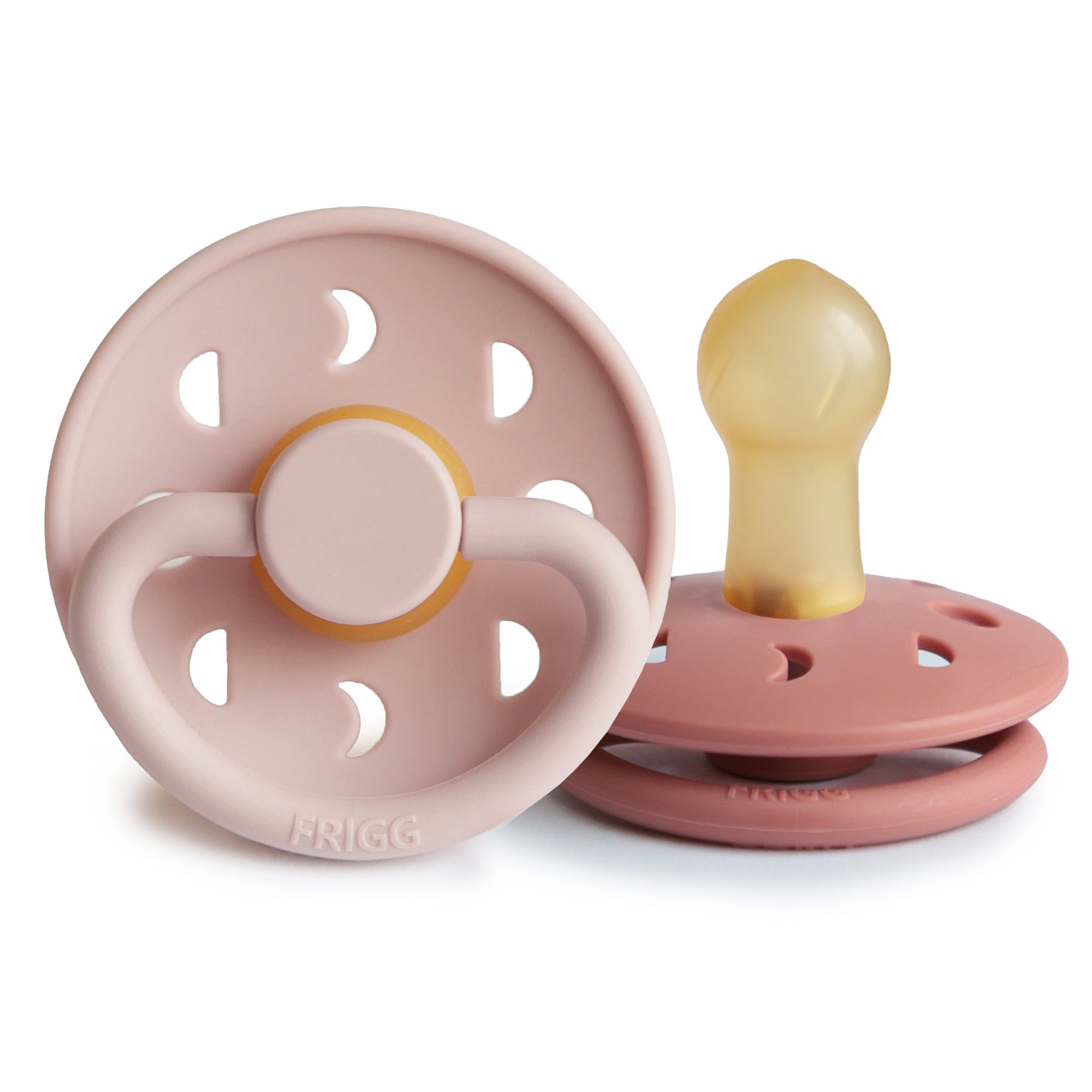 FRIGG Moon Natural Rubber Pacifier 2-Pack in pink shown on a white background.