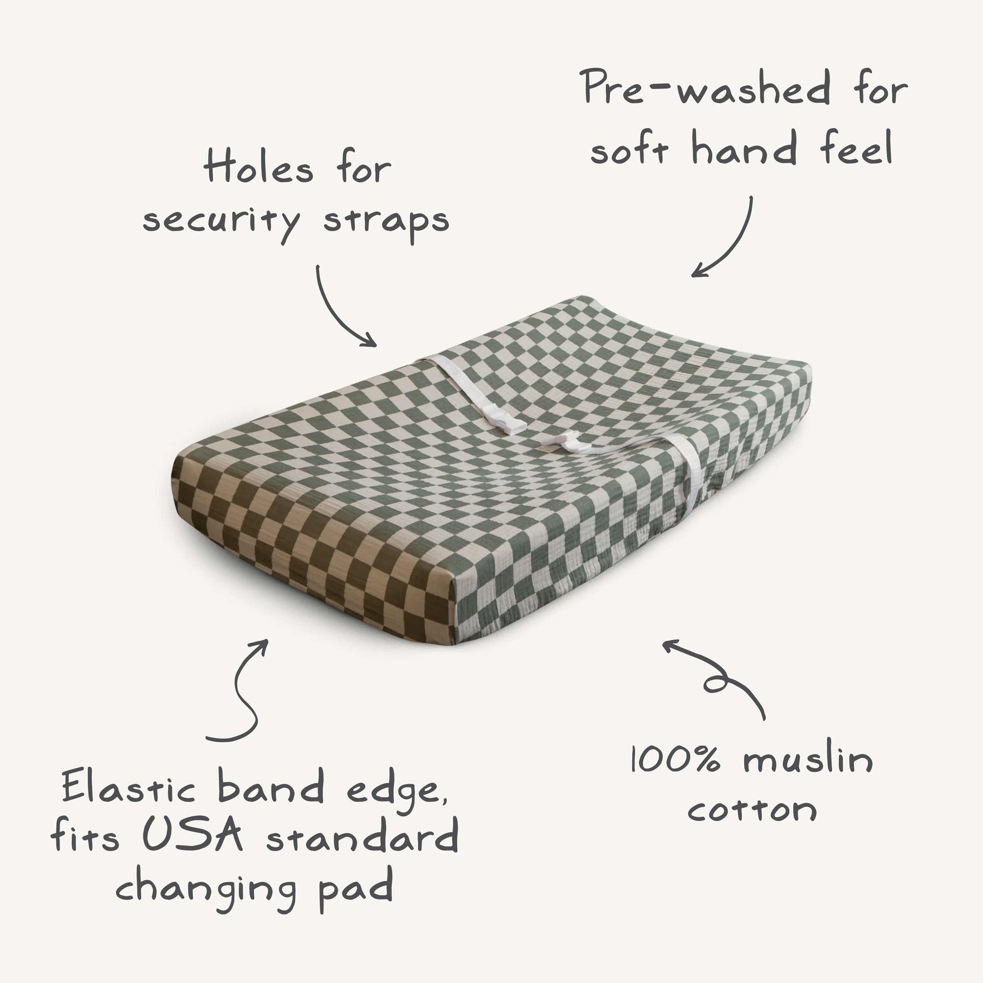 The mushie Extra Soft Muslin Changing Pad Cover features a gray and white checkered design, pre-washed for softness, with security strap holes and an elastic edge. Fits USA standard pads for a secure, comfortable fit.