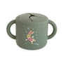 Mushie Snack Cup: green, silicone, two handles, bunny in pink sweater, spill-proof.