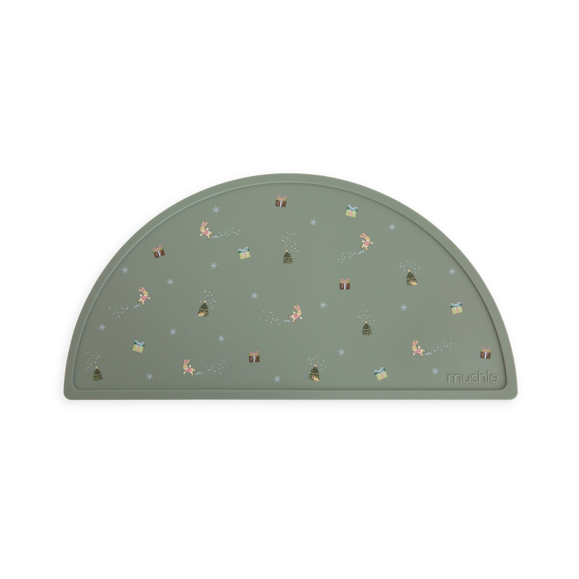 Green mushie Silicone Placemat with whimsical fairy and nature designs, food-grade silicone.