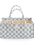 Mushie Diaper Caddy: blue & white checkered tote bag with handles and compartments.