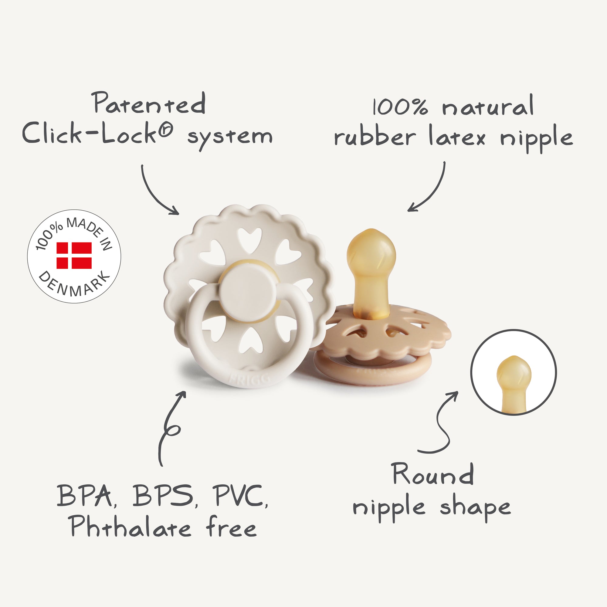 The FRIGG Andersen Fairytale Natural Rubber Pacifier 2-Pack by FRIGG features heart-shaped cutouts, patented Click-Lock system, round nipple, and is free from BPA, BPS, PVC &amp; phthalates. Made in Denmark.