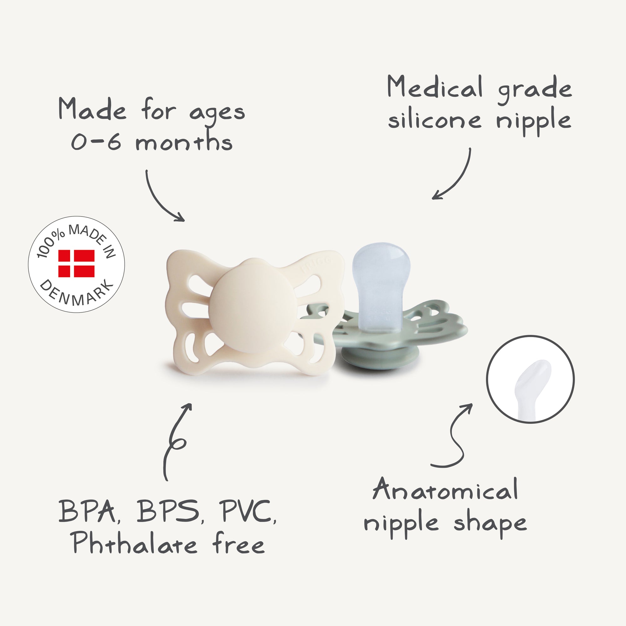 The FRIGG Butterfly Anatomical Silicone Pacifier 2-Pack (0-6 Months) includes two BPA/BPS/PVC/phthalate-free, medical-grade silicone pacifiers with anatomical nipples for comfort. Made in Denmark.