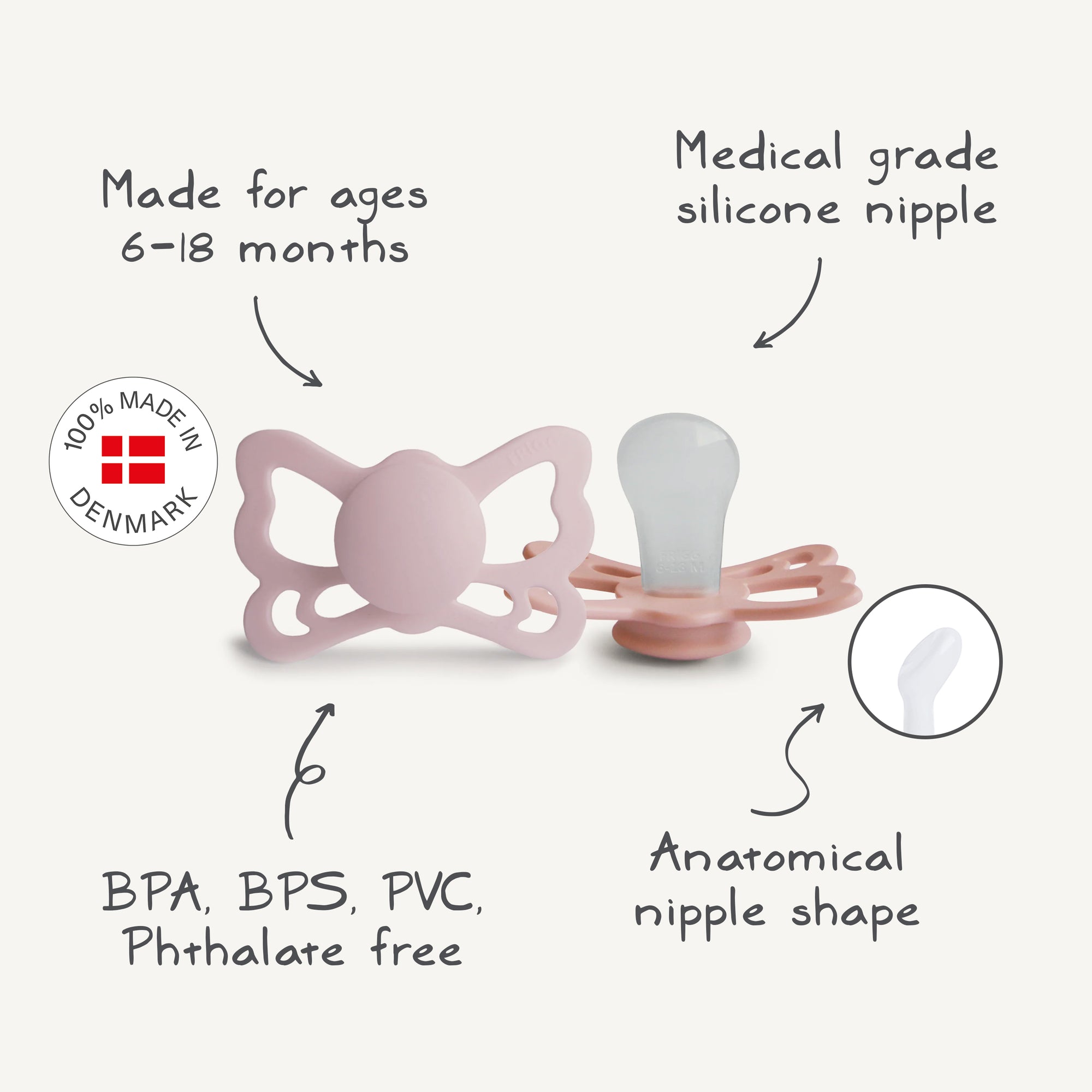 The FRIGG Butterfly Anatomical Silicone Pacifier 2-Pack (6–18 Months) features pink, butterfly-shaped pacifiers that support oral development, are BPA/BPS/PVC/phthalate free, and made in Denmark.