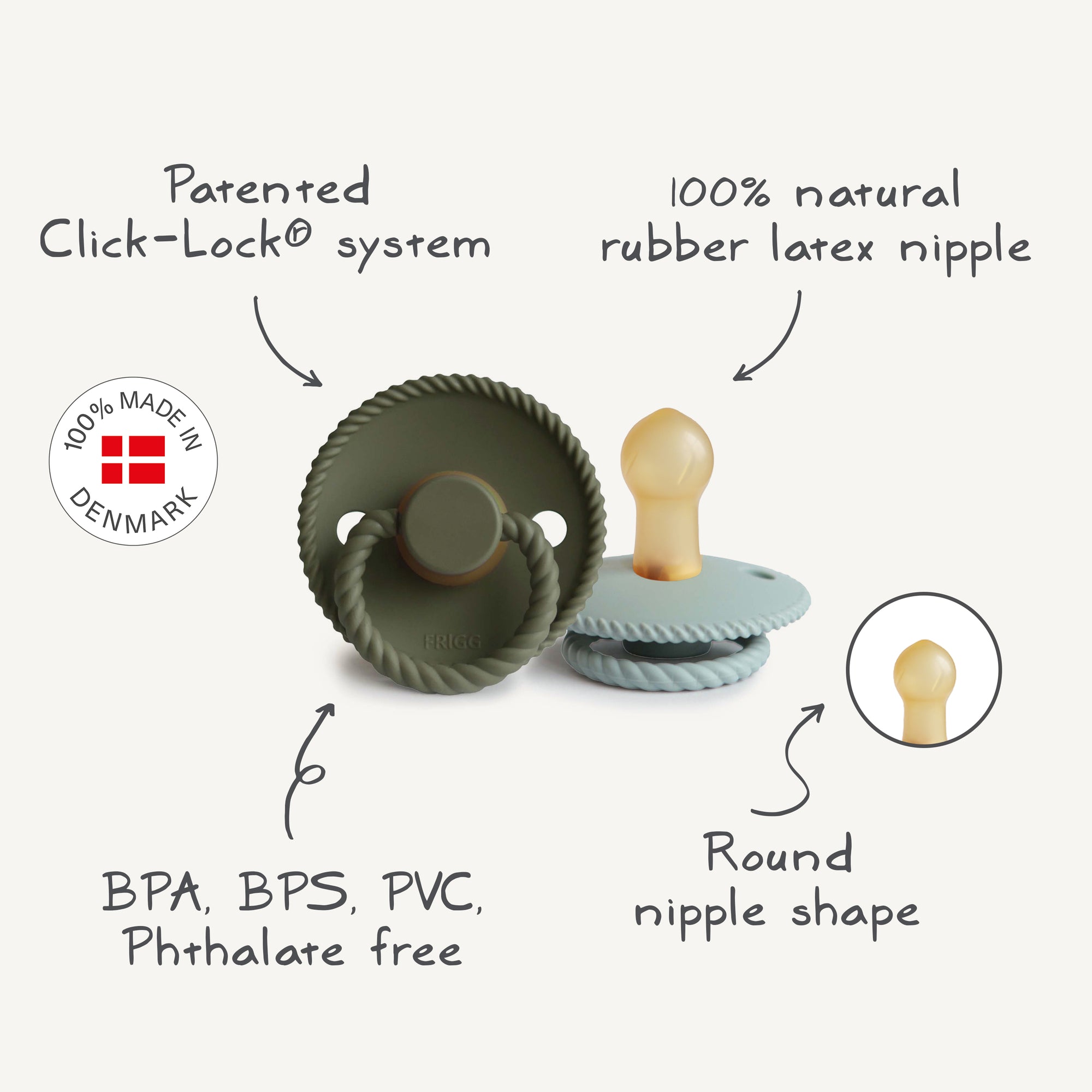 The Mushie FRIGG Rope Natural Rubber Pacifier 2-Pack features round natural rubber latex nipples and a patented Click-Lock® system. BPA, BPS, PVC, and phthalate free—100% made in Denmark. Essential for your baby’s comfort.