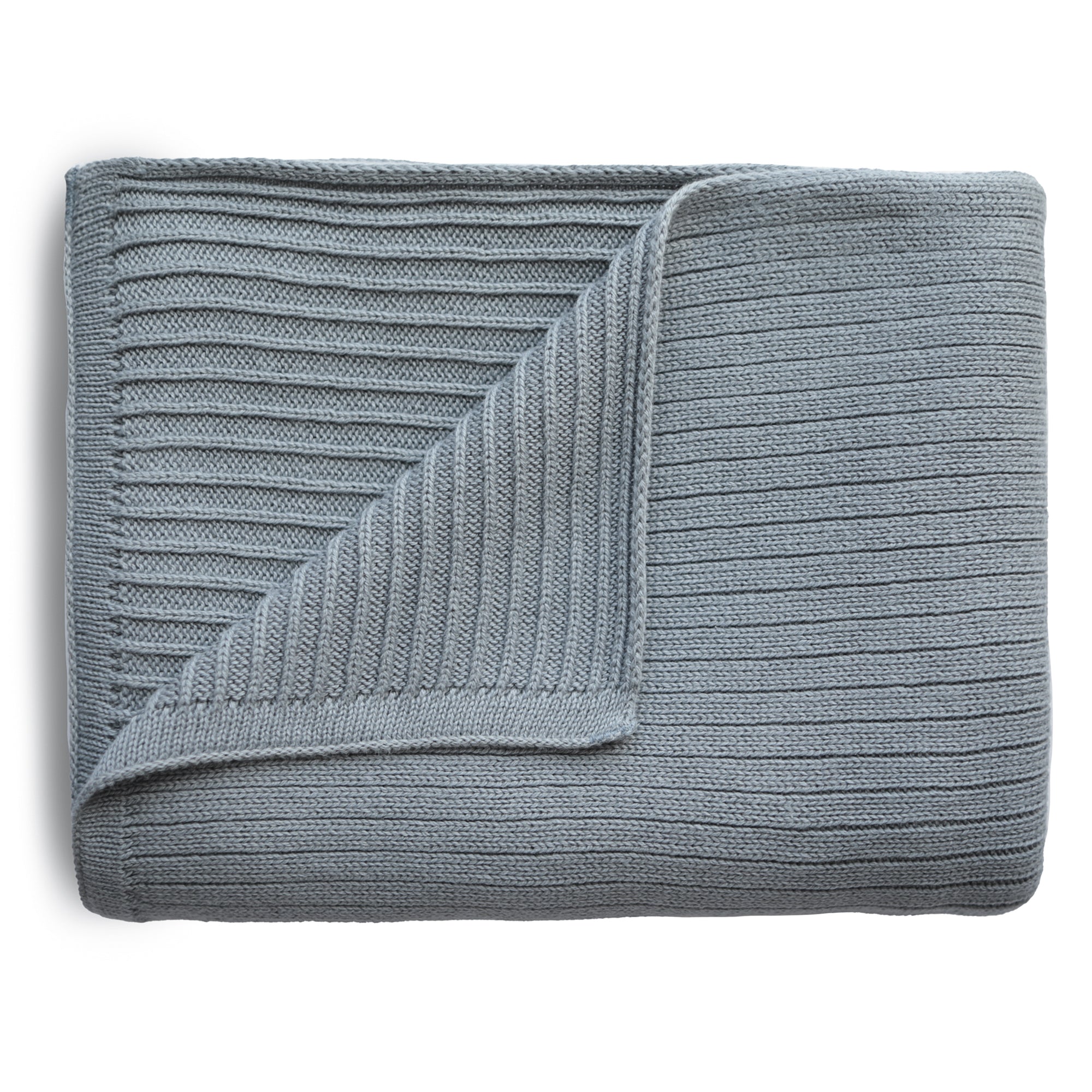 The mushie Knitted Ribbed Baby Blanket is shown neatly folded in light gray, displaying its breathable ribbed knit texture with both front and back sides visible.