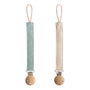 Mushie Linen Pacifier Clip 2-Pack with wooden clasps in light blue and beige on white background.