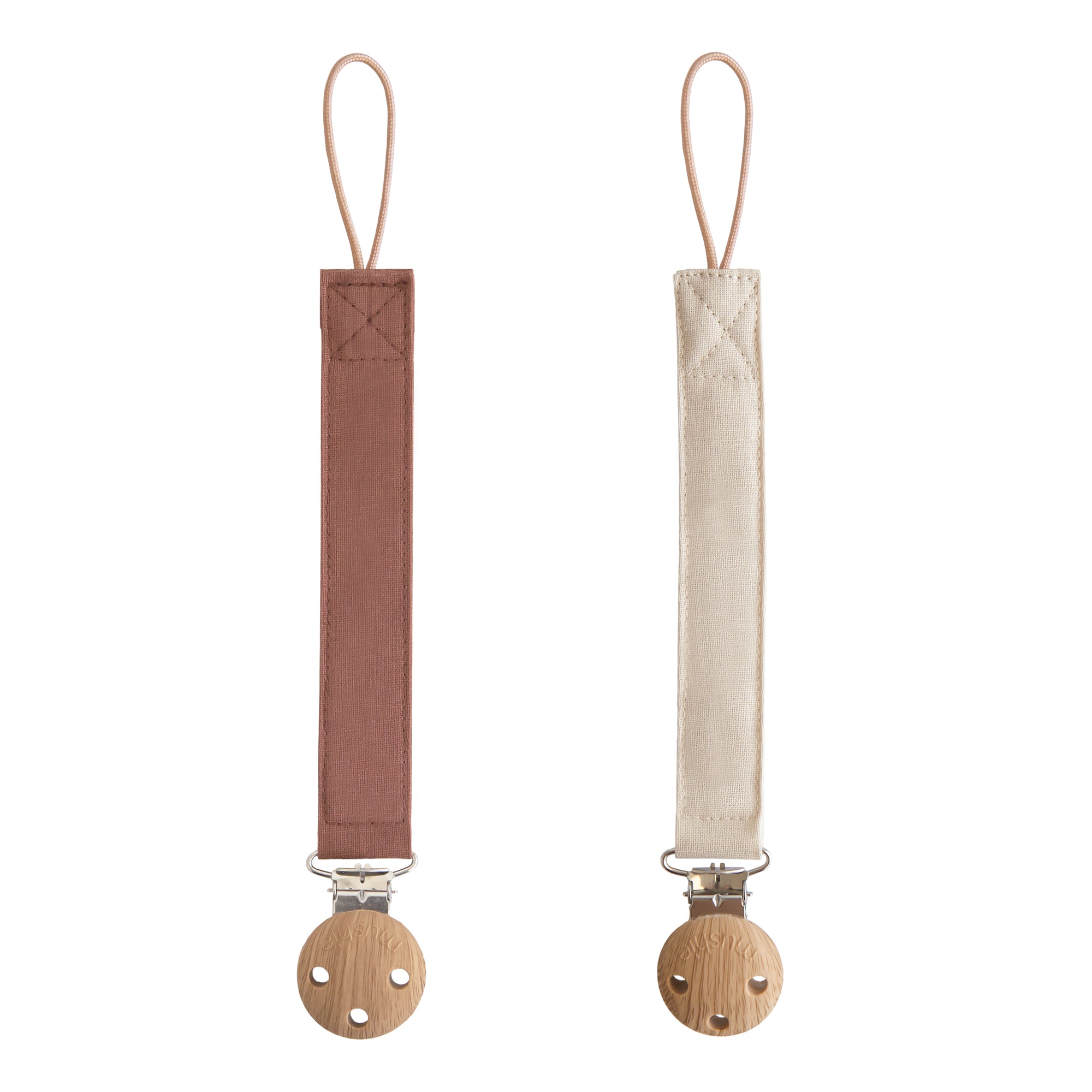 Mushie Linen Pacifier Clip 2-Pack: brown &amp; beige with wood clips for secure pacifier holding.