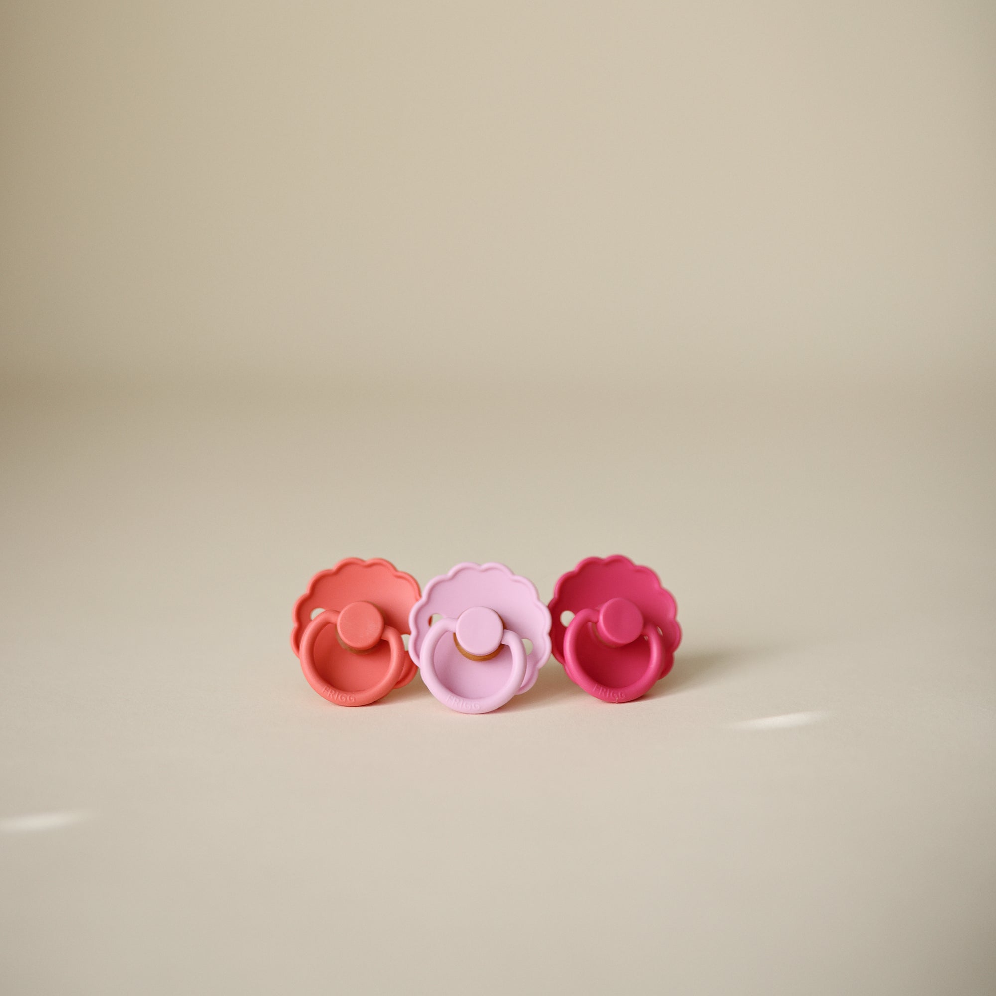FRIGG Daisy Natural Rubber Pacifier 2-Pack, colorful latex nipples, made in Denmark.