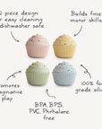 The mushie Mix and Match Cupcake Toy features four colorful silicone cupcakes, made from 100% food-grade silicone. Dishwasher safe and free from BPA/BPS/PVC/phthalates, they promote fine motor skills and imaginative play—ideal for any play kitchen.