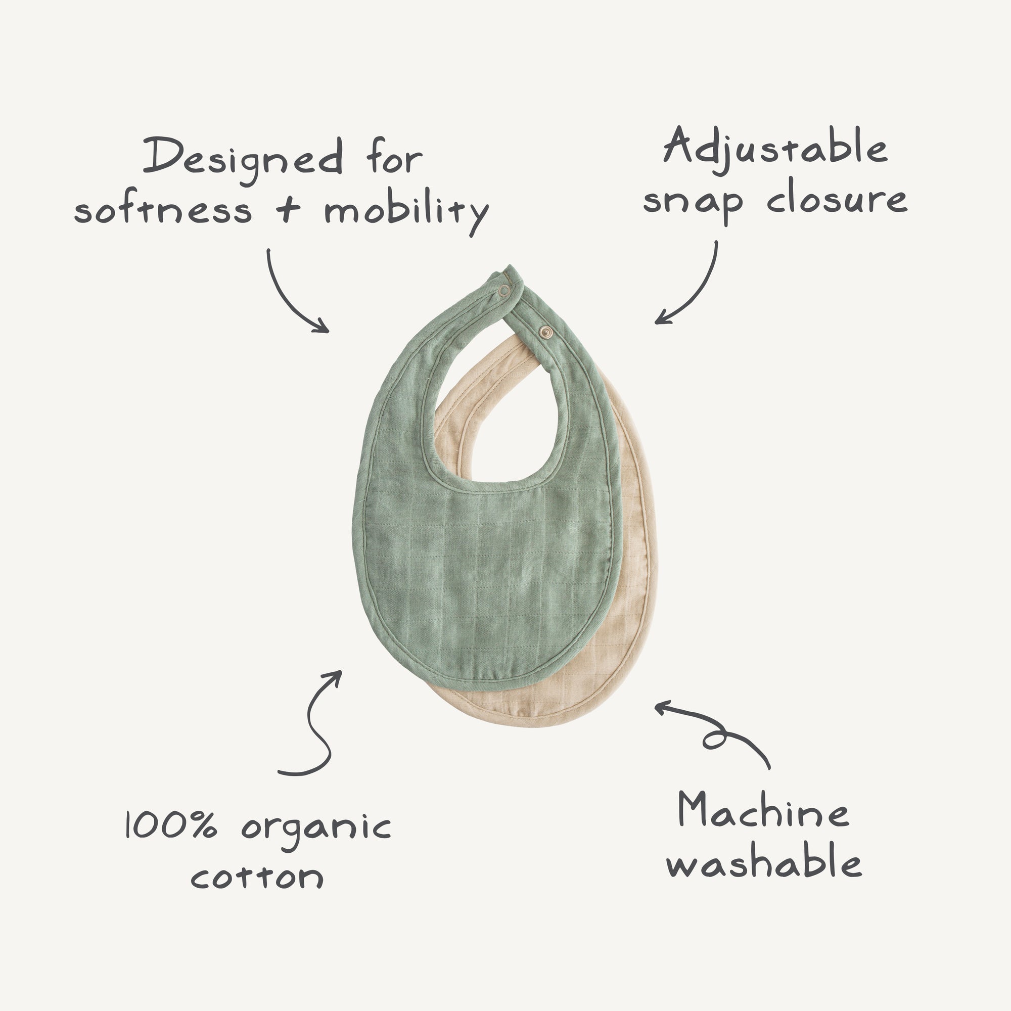 The mushie Muslin Bib set includes two teething bibs, one green and one beige, designed for softness and mobility with an adjustable snap closure. Made from 100% organic cotton muslin, they're machine washable for easy care.
