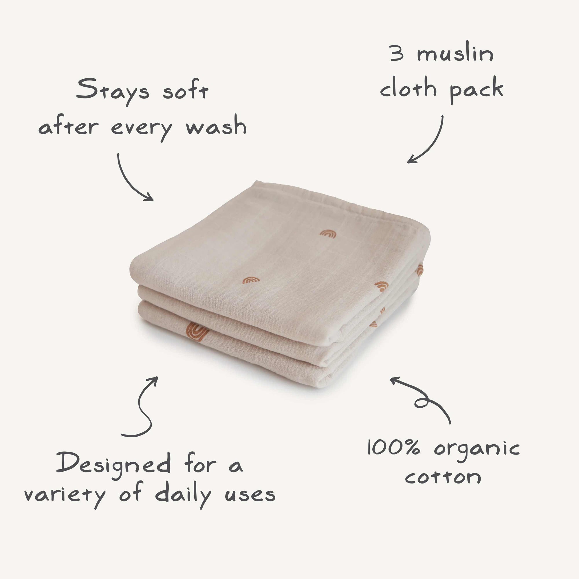 The mushie Organic Cotton Muslin Cloths 3-Pack is made from 100% organic cotton and stays soft after every wash—perfect for diaper bags, nurseries, and a variety of daily uses.