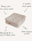 The mushie Organic Cotton Muslin Cloths 3-Pack is made from 100% organic cotton and stays soft after every wash—perfect for diaper bags, nurseries, and a variety of daily uses.