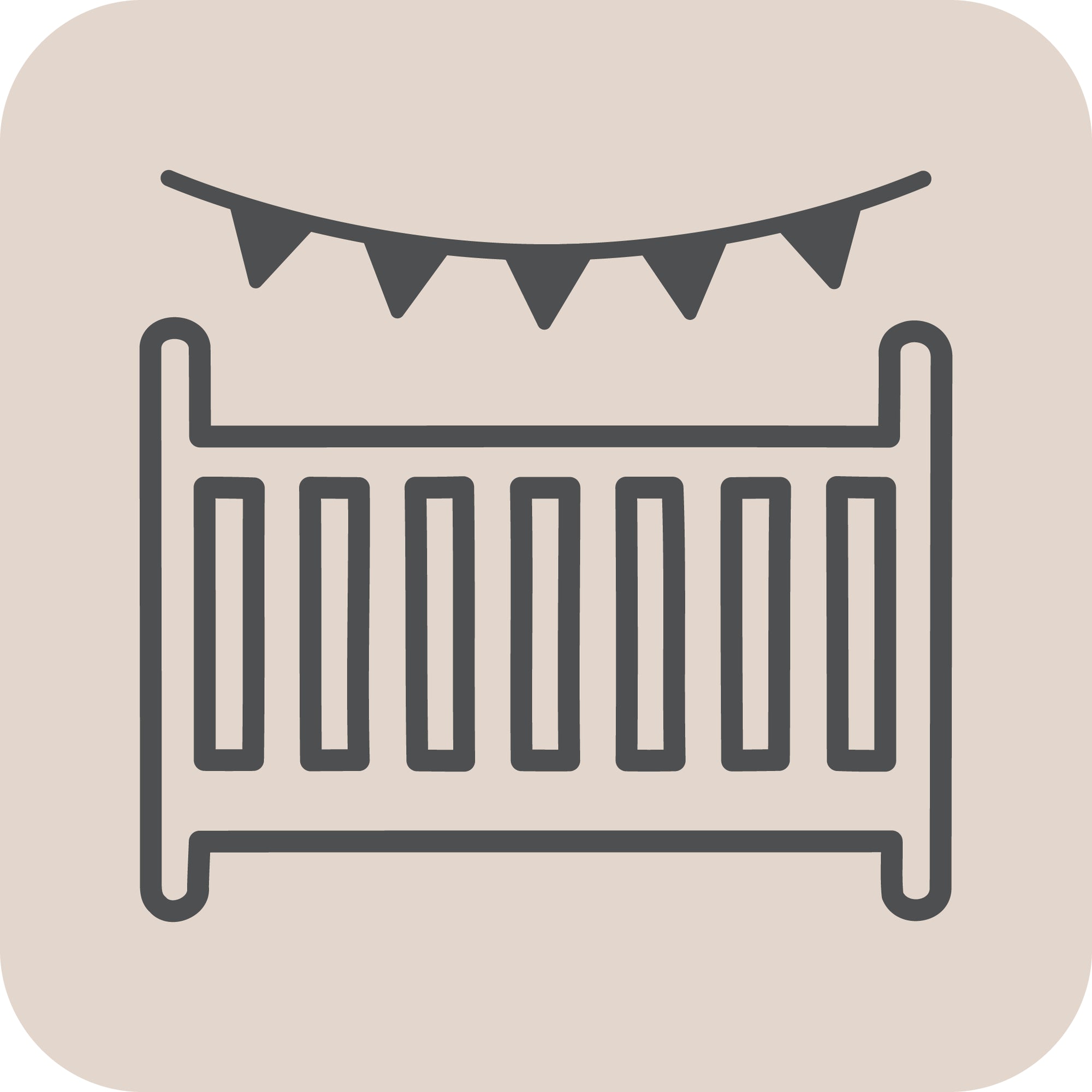 Mushie Nursery Bundle crib with pennant banner—styled on beige using Easify Box Builder.