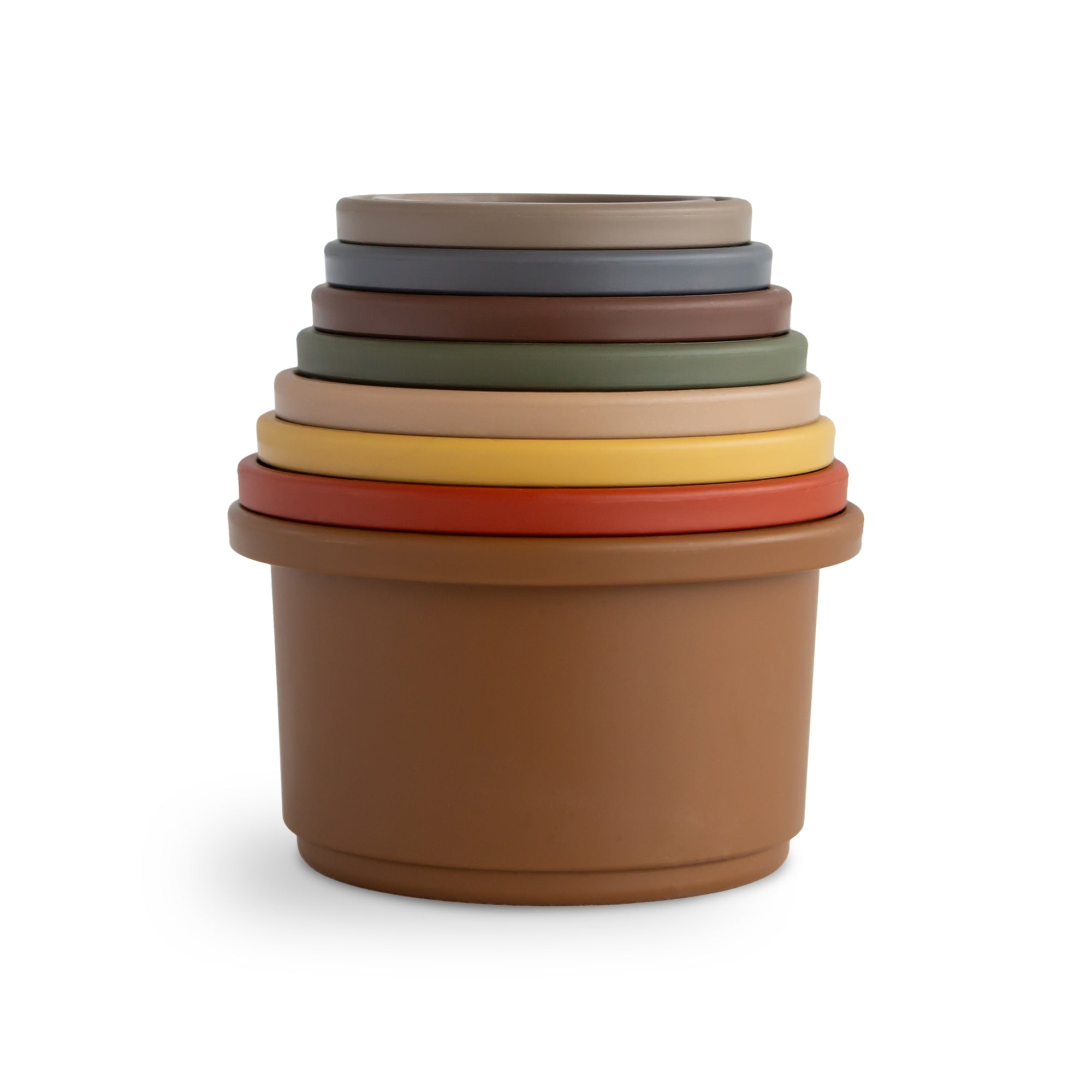 Mushie’s Stacking Cups Toy features soft hues and a matte finish inspired by Danish Hygge.