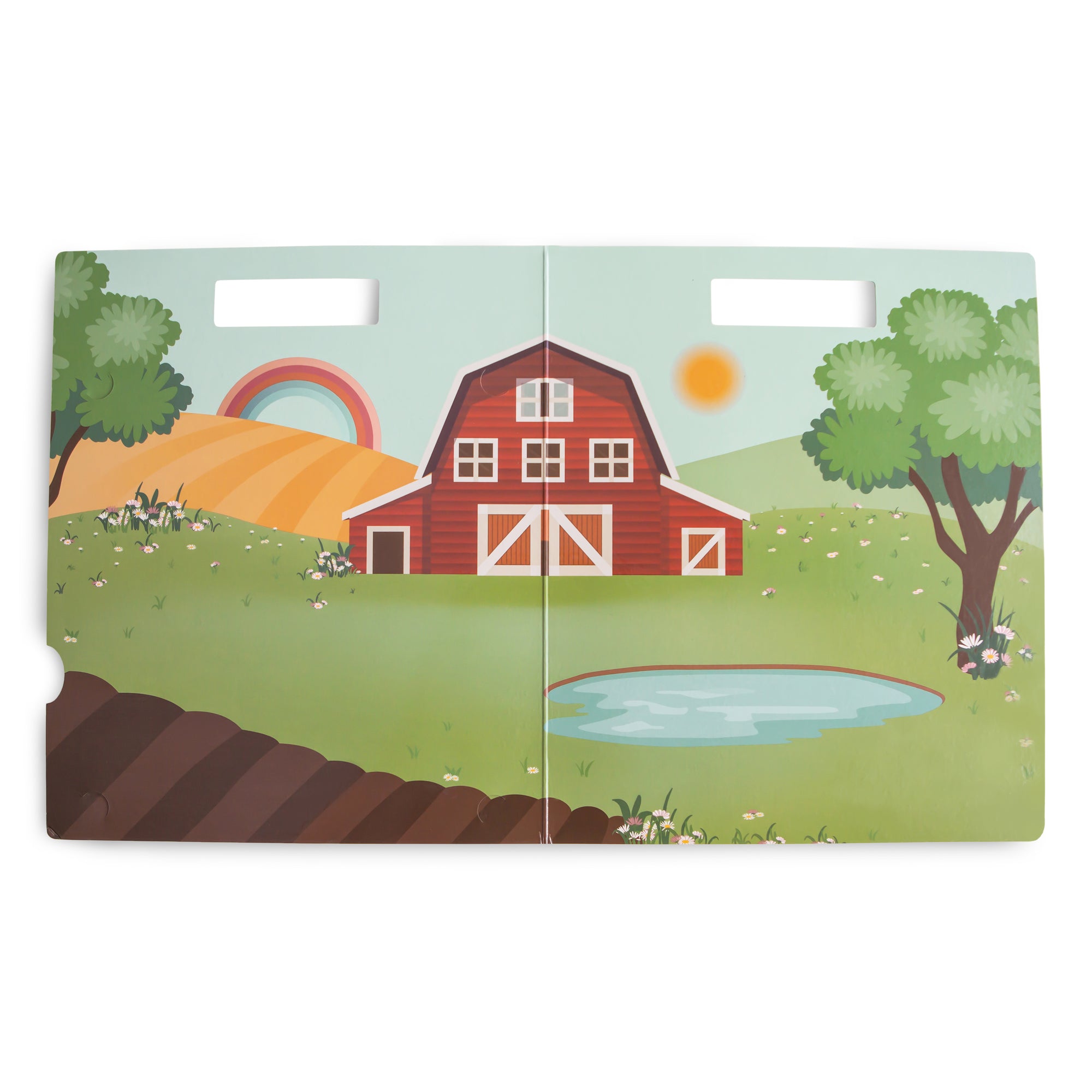 Illustration of a red barn with trees and a pond on a green field
