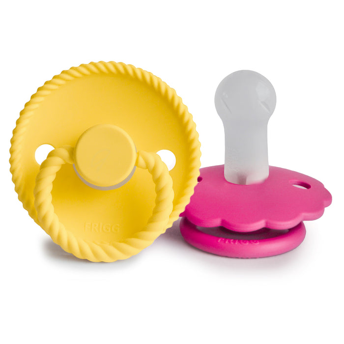 FRIGG Rope/Daisy Silicone Baby Pacifier (Sunflower/Fuchsia) | 2-Pack | 6-18 Months