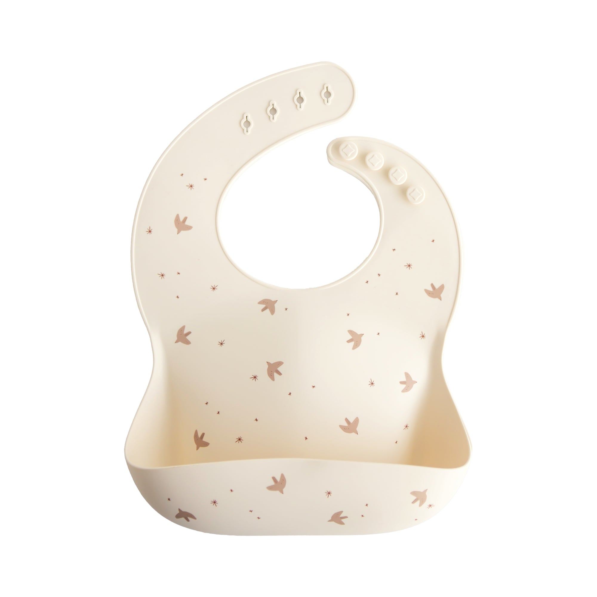Mushie Silicone Baby Bib in cream with bird &amp; star designs, adjustable neck strap.