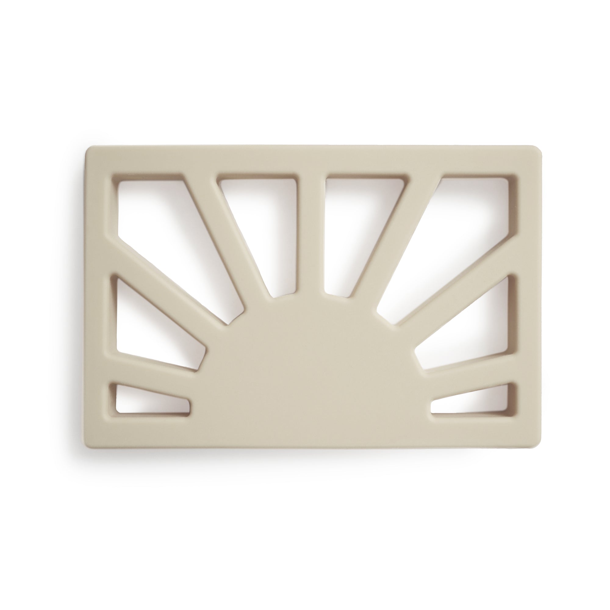 The mushie Sun Teether is a beige, rectangular silicone teether with a sun-inspired cutout design featuring a semicircle and upward rays.