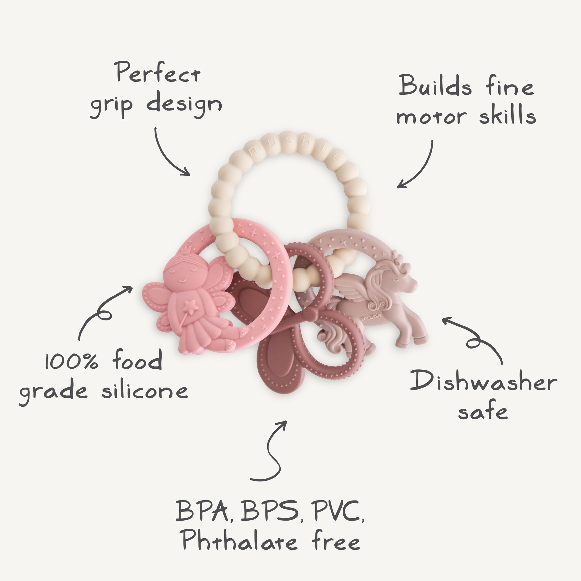 Mushie Fairy Teething Ring: pink-brown silicone beads teether for sensory fun and soothing benefits.