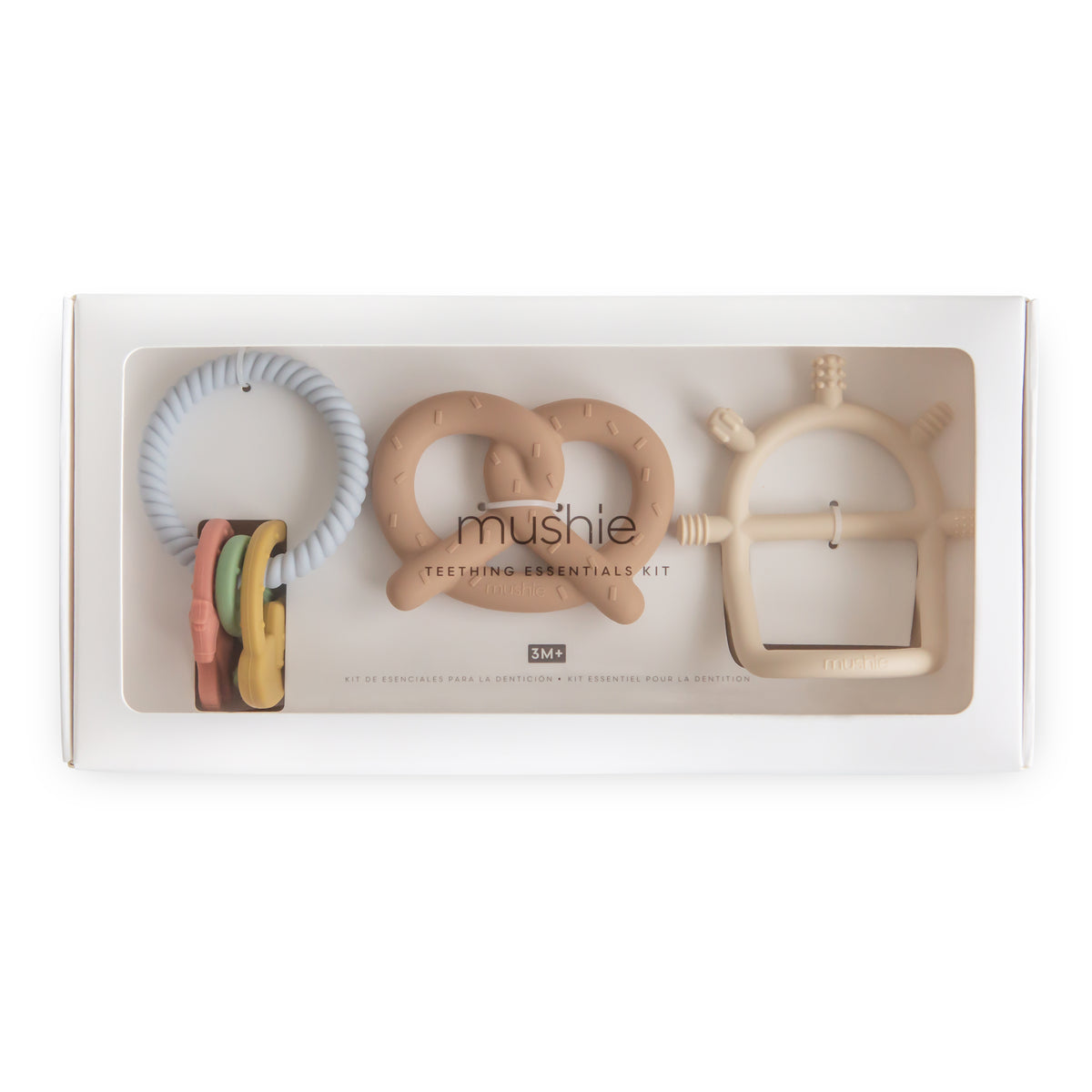 Mushie Teething Gift Set—pastel silicone teethers in a gift box for little ones.