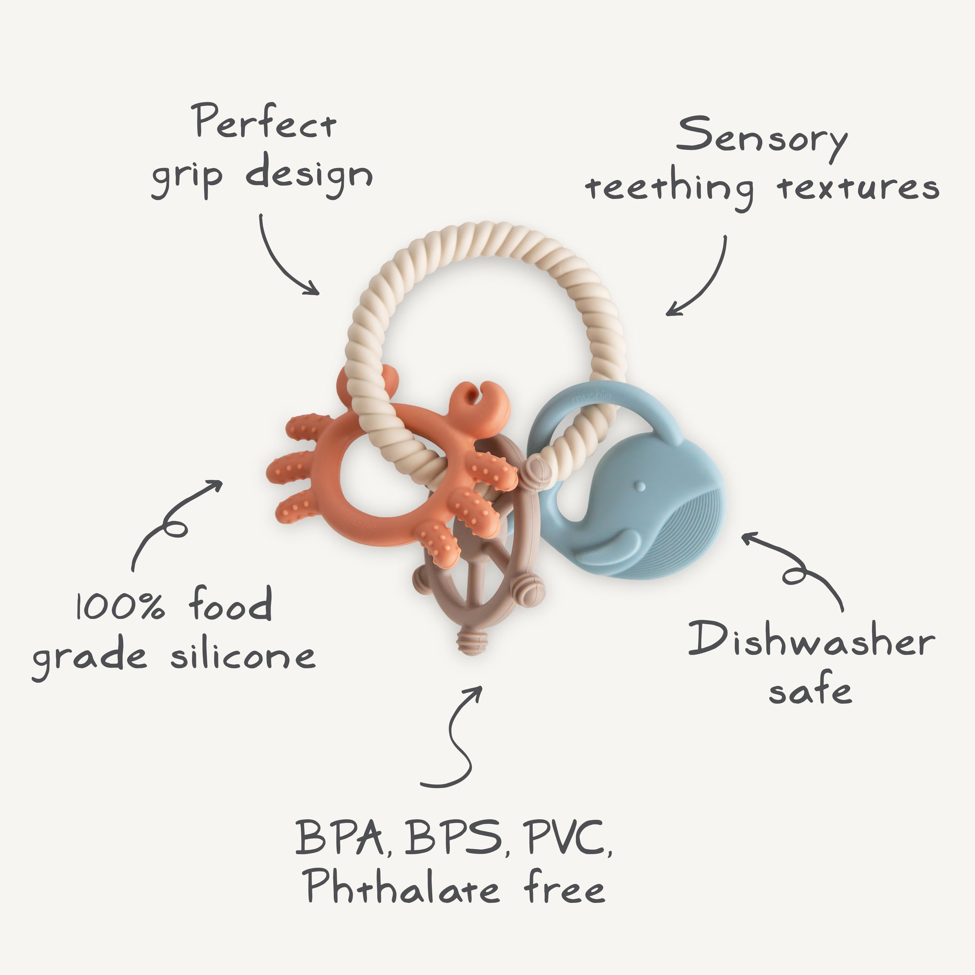 Mushie Teething Ring set: food-grade silicone teethers shaped like octopus and whale.