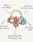 Mushie Teething Ring set: food-grade silicone teethers shaped like octopus and whale.