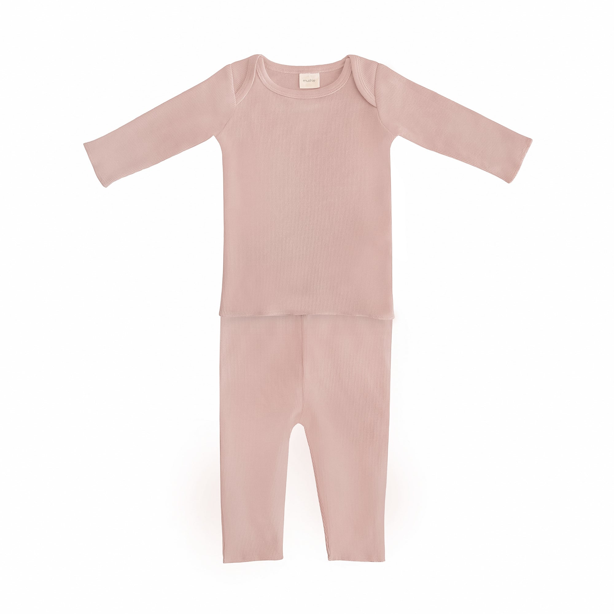 Mushie Two Piece Set: light pink organic cotton baby shirt &amp; pants, laid flat on white.