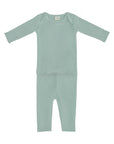 Mushie Two Piece Set: light green organic cotton long sleeve shirt and pants for kids.
