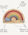 The mushie Wooden Magnetic Rainbow Maze is an educational, rainbow-themed toy made from FSC certified wood. It uses colorful beads and a magnetic pen for screen-free play that builds fine motor skills while teaching counting and colors.
